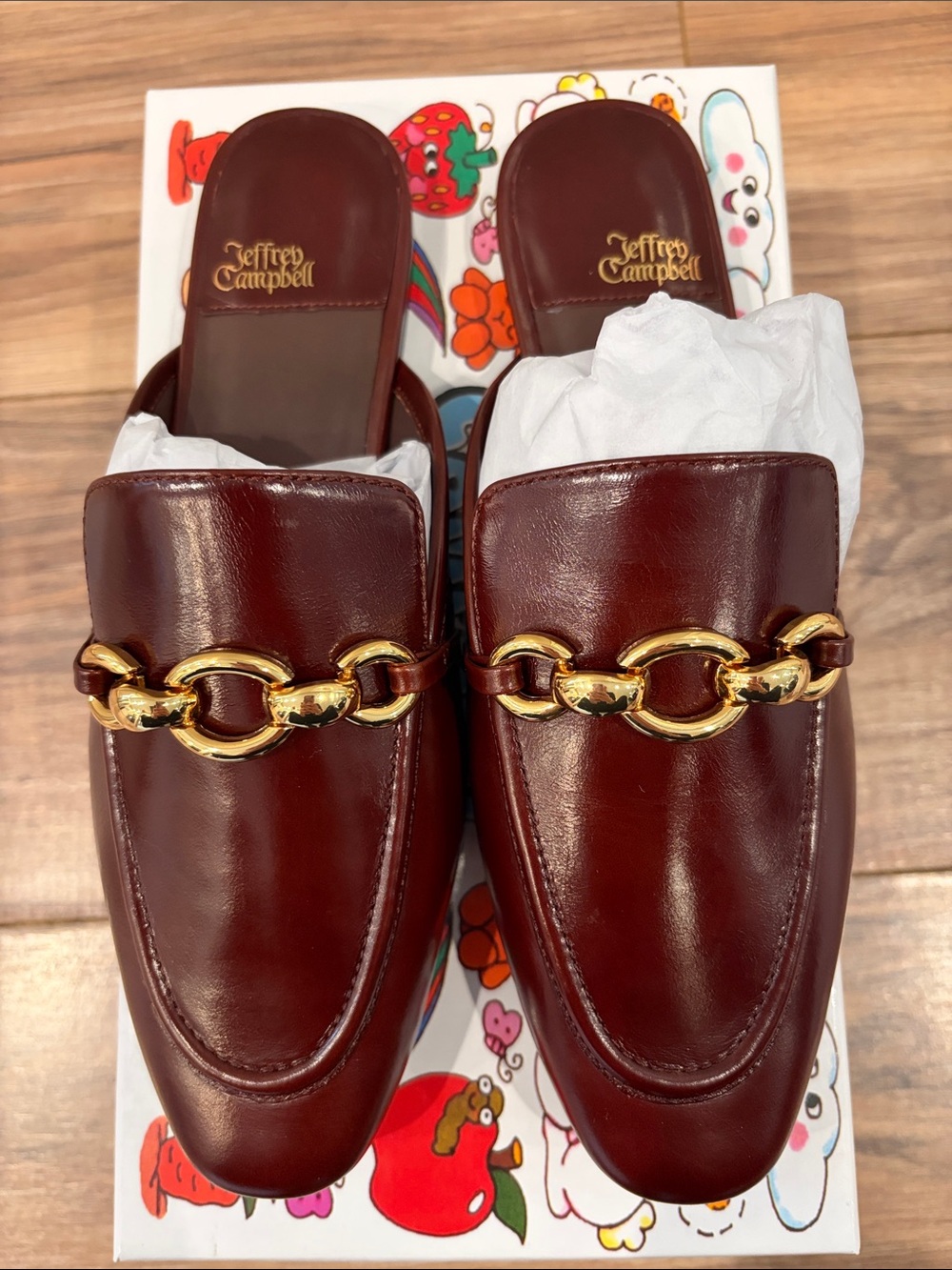 Jeffrey Campbell “Clerk” Brown Leather Slip-On Loafers with Gold Chain